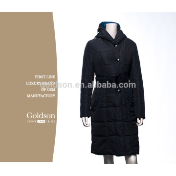 Hood No Fur Fashionable Women Black Long Goose Down Winter Coat with Belt